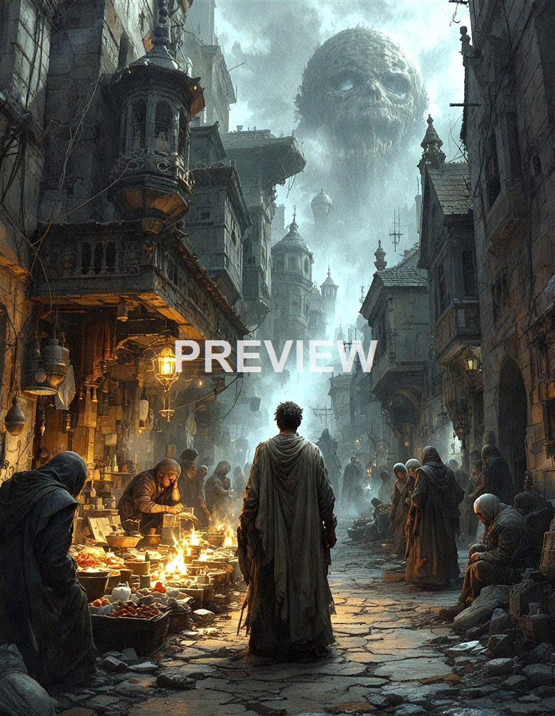A person stands in the middle of a narrow, ancient-looking street filled with vendors and pedestrians, with towering, dilapidated buildings on either side and a large, ominous skull-shaped cloud looming in the sky above.